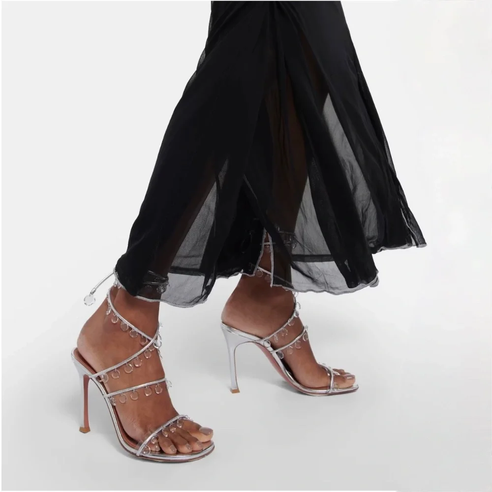 Amina Muaddi Tina Leather Ankle-Wrap Sandals With All Over Crystals-Appliques